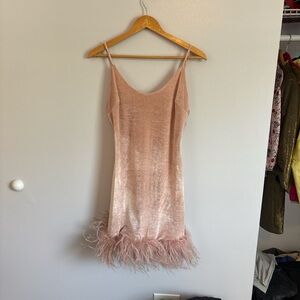 Pink Velvet Slip Dress with Feather Hem